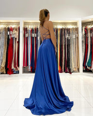 Elegant Royal Blue V-Neck Prom Gown with Thigh-High Slit and Spaghetti Straps