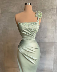 Elegant One Shoulder Slim Satin Mermaid Prom Dress for Women with Appliques and Ruffles