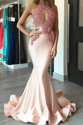 Elegant Pink Mermaid Evening Gown with Delicate Lace Appliques and Fluted Hem