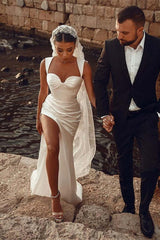 White Sweetheart Mermaid Satin Wedding Dress with High Slit