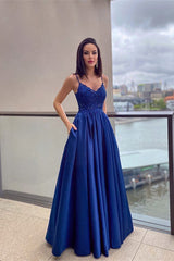 Elegant Royal Blue A-Line Prom Dress with Lace Appliques and Convenient Pockets