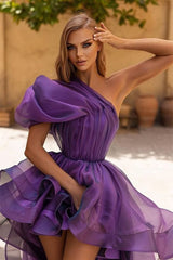 Stunning Dark Purple One-Shoulder Hi-Lo Prom Dress with Cascading Ruffles for Gala