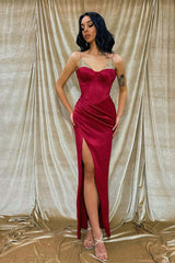 Exquisite Burgundy Spaghetti Strap Beaded Mermaid Evening Prom Dress