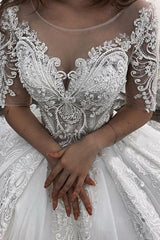 Sheer Tulle Ball Gown Wedding Dress with Appliques and Short Sleeves