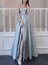 Stunning Blue Satin Long Prom Dress for Women Evening Gowns