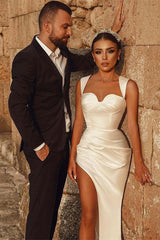White Sweetheart Mermaid Satin Wedding Dress with High Slit