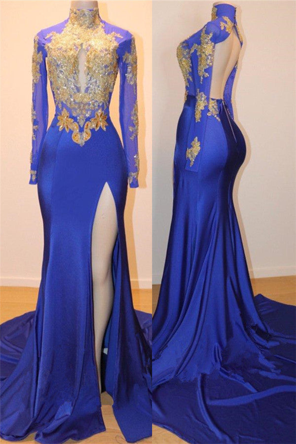 Royal Blue Long Sleeve Prom Dress with High Slit Formal Gown