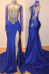 Royal Blue Long Sleeve Prom Dress with High Slit Formal Gown