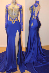 Royal Blue Long Sleeve Prom Dress with High Slit Formal Gown