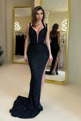 Elegant Sequin Cowl Neck Mermaid Prom Dress with High Slit