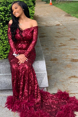 Burgundy Sequin Mermaid Prom Dress with Long Sleeves and Feathers
