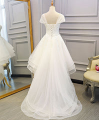 Elegant White Lace Tulle High Low Long Wedding Bridal Dress