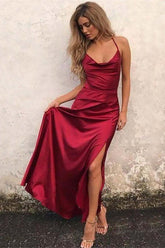 Elegant Burgundy Halter Prom Dress with Slit, Perfect for Special Occasions