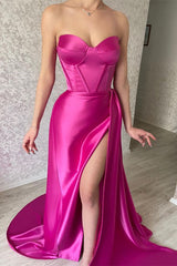 Elegant Hot Pink Sweetheart Sleeveless Prom Dress with Thigh High Split