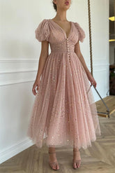 Elegant Taupe Pink V-Neck Short Sleeves Prom Dress with Sequin Embellishments