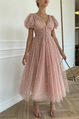 Elegant Taupe Pink V-Neck Short Sleeves Prom Dress with Sequin Embellishments