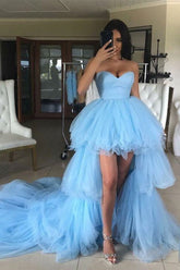 Elegant Blue Sweetheart Tulle Hi-Lo Prom Dress with Layered Skirt
