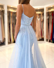 Elegant Sky Blue Lace Mermaid Prom Dress with Sweep Train for Special Occasions