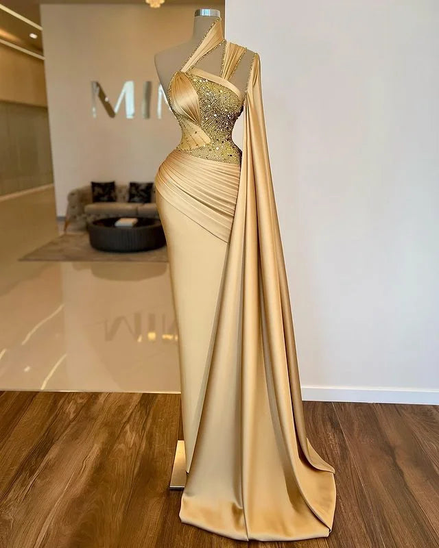 Luxurious Gold Asymmetric Mermaid Prom Dress with Elegant Sheath Silhouette