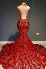Stunning Red Halter Mermaid Prom Dress with Sequins and Lace, Elegant Evening Gown