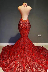 Elegant Red Halter Mermaid Prom Dress with Shimmering Sequins and Delicate Lace