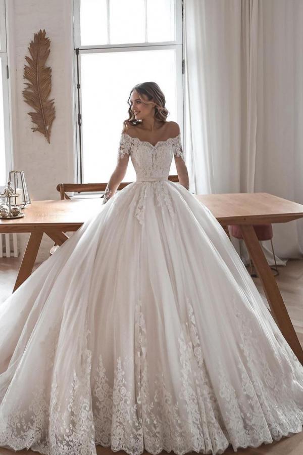 Elegant Long Sleeve Lace and Tulle Ball Gown Wedding Dress