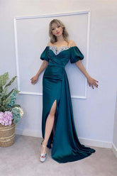 Peacock Off-Shoulder Mermaid Prom Dress with Split, Elegant Form Fitting Gown