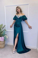 Peacock Off-Shoulder Mermaid Prom Dress with Split, Elegant Form Fitting Gown