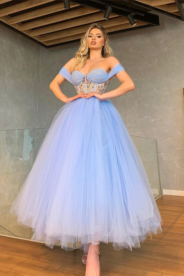 Sparkling Off-Shoulder Sweetheart Prom Dress with Crystal Bodice and Tulle Skirt