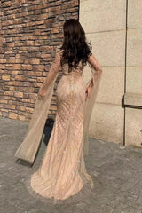 Sparkling V-Neck Long Sleeve Tulle Mermaid Prom Dress with Elegant Beadwork