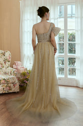 Glittering One-Shoulder Sequin Prom Gown with Elegant Trail Split Design