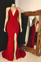 Elegant Red Halter Sleeveless Prom Dress with High Split and Ruched Details