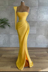 Stunning Yellow Asymmetrical Prom Dress with Beaded Embellishments and Unique One-Shoulder Design