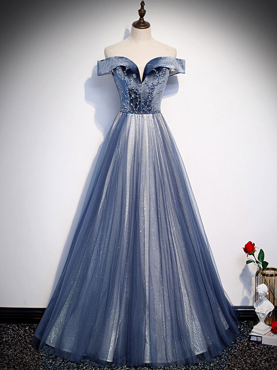 Elegant Blue Tulle Beaded Long Prom Dress with Sparkling Evening Details