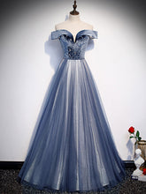 Elegant Blue Tulle Beaded Long Prom Dress with Sparkling Evening Details