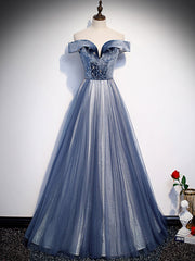 Elegant Blue Tulle Beaded Long Prom Dress with Sparkling Evening Details