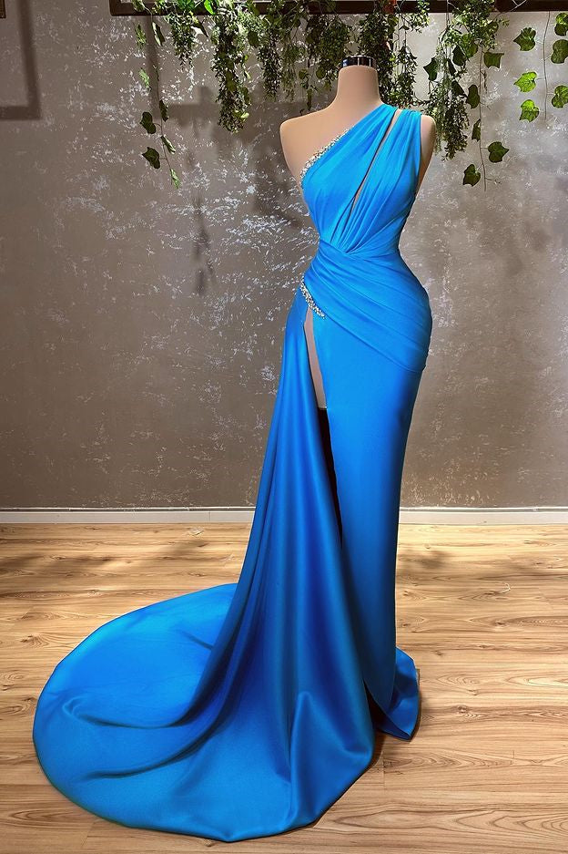 Elegant Ocean Blue One-Shoulder Mermaid Evening Gown with Thigh-High Slit