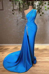 Elegant Ocean Blue One-Shoulder Mermaid Evening Gown with Thigh-High Slit