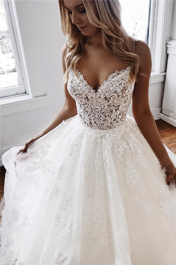 Elegant White Lace Chiffon A-Line Wedding Dress with Cap Sleeves