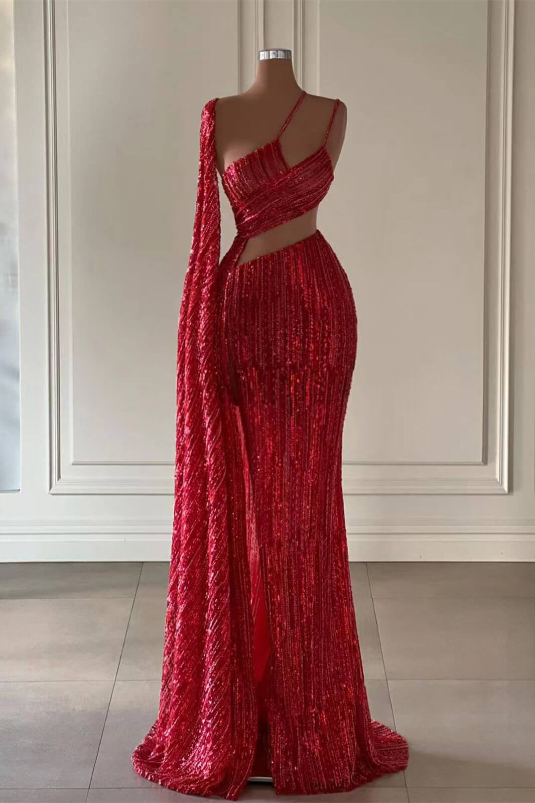 Burgundy Sequin Mermaid Prom Dress with Ruffle Slit Elegant Gown