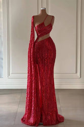 Burgundy Sequin Mermaid Prom Dress with Ruffle Slit Elegant Gown