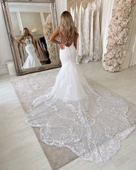 Elegant Spaghetti Strap Satin Backless Mermaid Wedding Dress with Exquisite Lace Appliques
