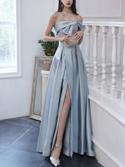 Stunning Blue Satin Long Prom Dress for Women Evening Gowns