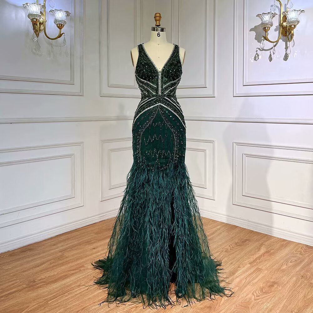 Green Sequin Prom Dress Long Beaded V Neck With Feather Details
