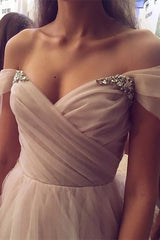 Elegant Off-Shoulder Tulle Prom Dress with Beaded Bodice for Special Occasions