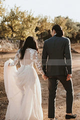 Elegant A-Line Lace Long Sleeve Wedding Dress with Sweep Train and Scoop Neck