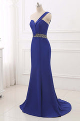 Royal Blue One Shoulder Mermaid Prom Dress Backless Beaded Design