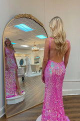 Stunning Pink Sequin V-Neck Backless Prom Dress with High Slit