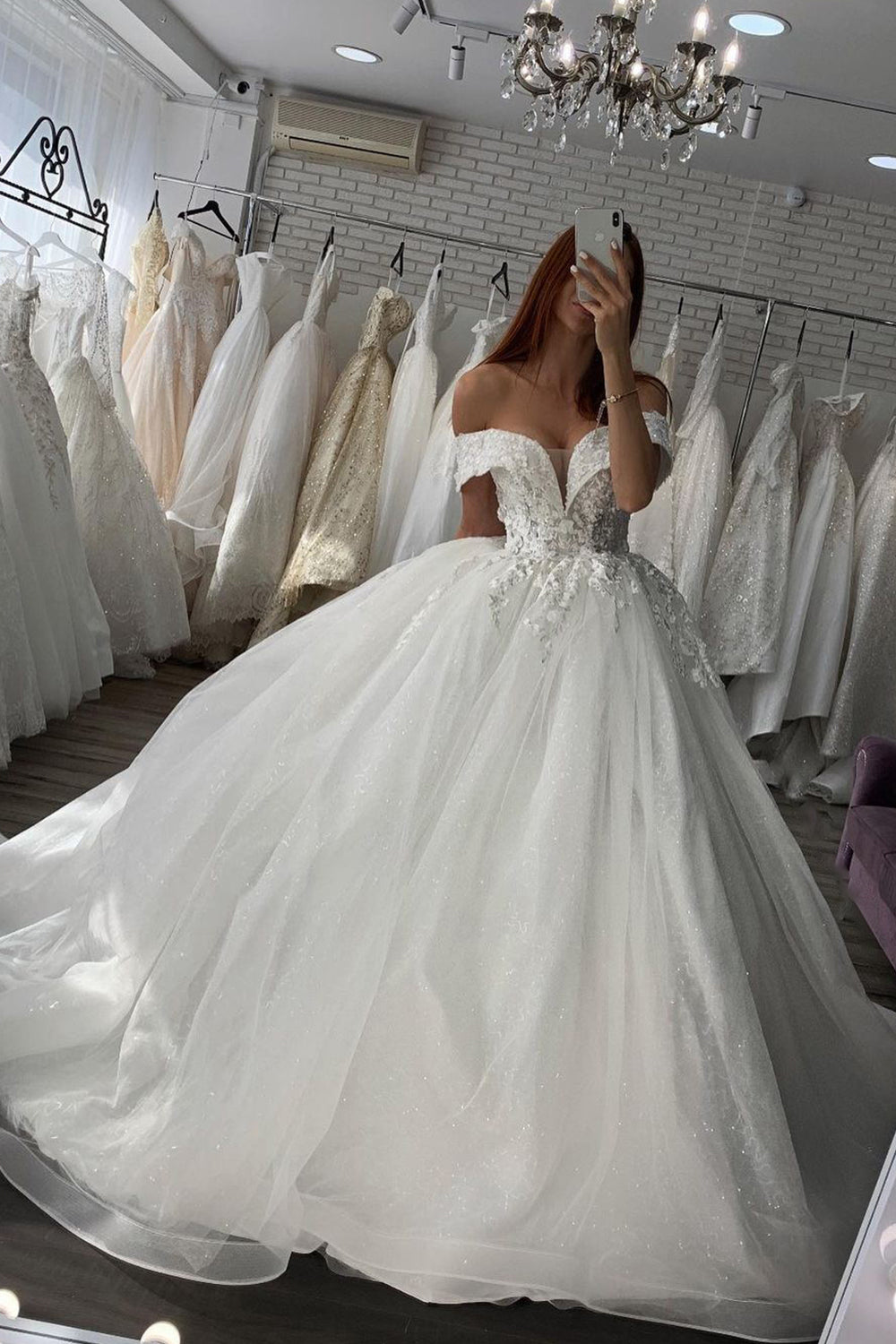 Sparkling Off-Shoulder Ball Gown Wedding Dress with Elegant Lace Sweetheart Neckline
