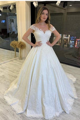 Classy A-Line Off-the-Shoulder Wedding Dress with Lace Appliques and Train